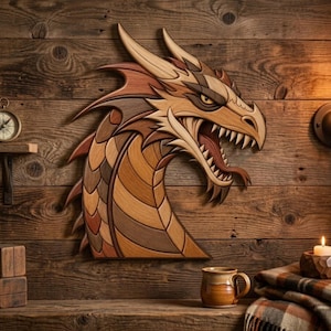 May include: A multi-layered wooden wall art piece depicting a dragon head in profile, featuring various shades of natural wood grain, sharp horns, and an open mouth with visible teeth, mounted on a rustic horizontal wood plank wall surface.
