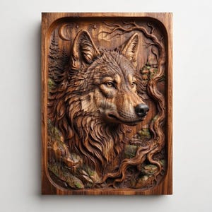 May include: A rectangular wooden wall plaque featuring a detailed relief carving of a wolf head. The scene includes a crescent moon, stars, pine trees, and twisted tree roots surrounding the wolf, all rendered in natural brown wood tones.