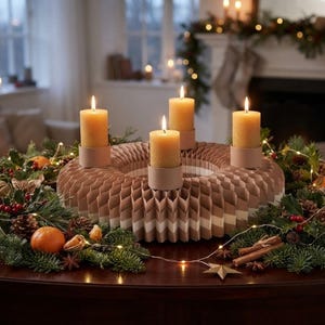 May include: A circular honeycomb paper advent wreath in shades of beige and white, featuring four cylindrical candle holders with lit yellow pillar candles, surrounded by evergreen branches, pinecones, dried orange slices, and star ornaments.
