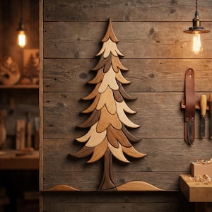 May include: A wall-mounted wooden pine tree decoration composed of interlocking pieces in varying shades of light, medium, and dark brown wood. The tree features a layered, scalloped branch design and a central trunk, mounted on a horizontal wood plank wall.