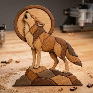 Pode incluir: Uma peça de arte de parede em madeira multicamadas com um lobo a uivar para uma lua circular. O lobo é feito de vários tons de madeira natural, sobre uma base rochosa composta por segmentos de madeira interligados em tons de castanho claro e escuro.