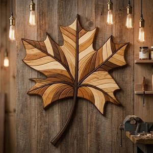May include: A large, wooden maple leaf wall art piece. The leaf is constructed from various shades of brown wood, creating a mosaic effect. The artwork is mounted on a rustic wooden wall, with warm lighting from hanging Edison bulbs.