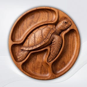 May include: A circular wooden serving tray featuring a carved sea turtle in the center. The tray is divided into four distinct sections by the turtle's body and shell. The wood displays a natural brown grain pattern with detailed textures.