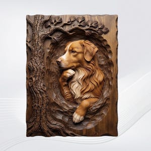 May include: A rectangular wooden wall plaque featuring a detailed relief carving of a brown and white dog resting within a hollowed tree trunk. The carving displays the dog's head and front paw, with a textured tree trunk and pine needles on the left.