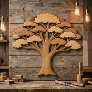 May include: A wooden tree carving with a detailed design, mounted on a rustic wooden background. The tree features a light brown trunk and branches with darker brown leaves. The scene includes woodworking tools and jars.