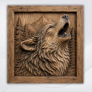 Puede incluir: Una placa de pared cuadrada de madera con una talla en relieve detallada de un lobo aullando. El lobo se muestra de perfil con la cabeza inclinada hacia arriba, rodeado por un fondo de pinos y picos montañosos tallados, todo enmarcado en madera.