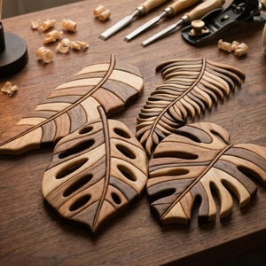May include: Four wooden leaf-shaped coasters in various designs, including a feather and monstera leaf. The coasters are made of light and dark brown wood, showcasing intricate details. A wooden table, tools, and twine are in the background.