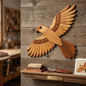 May include: A wooden intarsia wall art piece depicting a kestrel in flight, crafted from light and dark wood tones. The bird is mounted on a rustic wood plank wall above a shelf holding wood samples labeled Maple, Walnut, and Cherry.