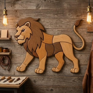 May include: A wall-mounted wooden lion sculpture composed of multiple interlocking pieces of varying wood tones, including light tan, medium brown, and dark brown, depicting a lion in profile with a detailed mane and a long, curved tail.
