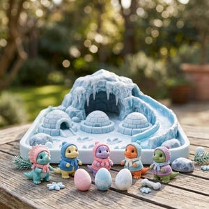 May include: A light blue plastic playset featuring an icy mountain cave with three igloos and a slide. Five small dinosaur figurines wearing knit hats and scarves stand in front, accompanied by three oval eggs and small snowflake accents.