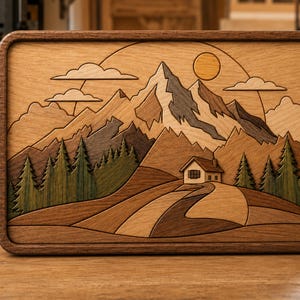 May include: Wooden landscape artwork depicting a mountain scene with a house, trees, and a road. The piece is crafted from various wood tones, with a dark brown frame. The sun and clouds are also shown.