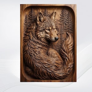 Könnte beinhalten: Eine rechteckige Wandplatte aus Holz mit einer detaillierten Reliefschnitzerei eines Wolfes. Der Wolf ist in sitzender Position dargestellt, wobei sein Kopf zur Seite gedreht ist. Der Hintergrund der Schnitzerei zeigt einen dichten Kiefernwald.
