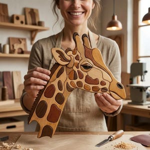 May include: A decorative wooden giraffe head wall art piece crafted from multiple shades of natural wood, featuring a mosaic-style pattern of light, medium, and dark brown patches that form the animal's distinct spotted coat and facial features.