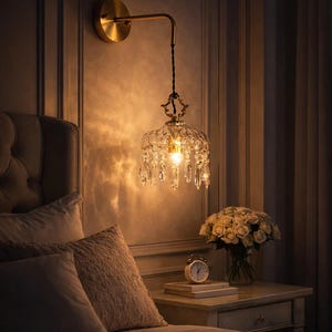 Op de afbeelding: Een slaapkamerinterieur met een kristallen kroonluchter pendelarmatuur met een messing afwerking. Het licht hangt boven een bed met kussens en een nachtkastje met een boeket witte rozen en een kleine wekker. De muren zijn neutraal van kleur.