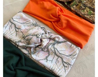 Bandeaux torsadés doux : motifs camouflage, orange, rose camo, vert côtelé