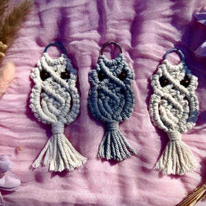 Puede incluir: Tres llaveros de búho de macramé en blanco y gris, cada uno con un anillo de metal y una borla. Los búhos tienen ojos de cuentas marrones oscuros. Los llaveros se exhiben sobre una tela rosa con acentos florales y de plantas secas.