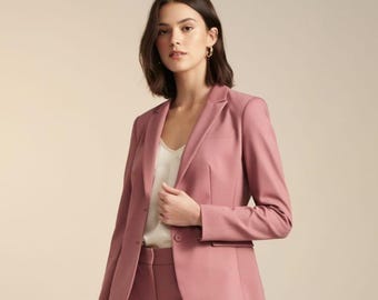 Komplet damski ze spodniami Dusty Rose, różowa marynarka i spodnie, garnitur biurowy szyty na miarę, odzież biznesowa, ręcznie robiony strój formalny
