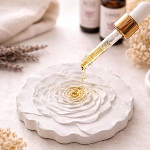 May include: A white, rose-shaped ceramic dish with a golden liquid being dispensed from a dropper. The dropper has a gold-coloured top. The dish is surrounded by beauty products, including bottles and dried flowers.