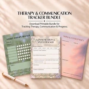 May include: A therapy and communication tracker bundle featuring three printable sheets. The pages include a Weekly Therapy Tracker, a Communication and Speech Tracker, and a Wins and Challenges log, all with text headers and fields.