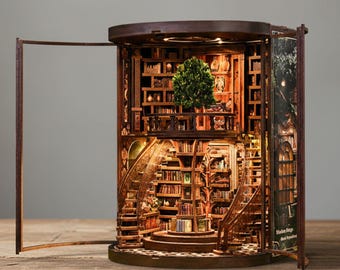Wooden Library Diorama Book Nook Kit | Miniature Bookcase Insert |  Creative Gift LED Lights