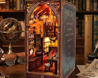 DIY Magic Academy Book Nook Kit, Wooden Fantasy Library Diorama, Miniature Bookshelf Insert, Laser Cut 3D Puzzle Gift for Book Lovers