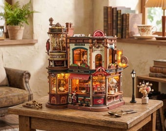 Rompecabezas de madera 3D ROKR Dream Coffee Factory, modelo mecánico para armar con luces LED, regalo avanzado para adolescentes y adultos.