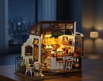 DIY Miniature Coffee Shop Kit, Wooden 3D Puzzle Cafe Model, Intermediate Craft Set for all Ages, 19.5cm Dollhouse Shelf Display Decor