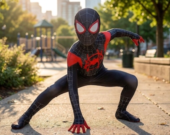 Disfraz de superhéroe infantil, traje de cosplay negro y rojo para fiestas de juegos de rol.