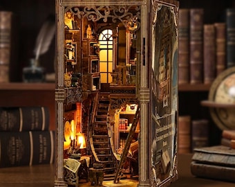 Miniature Library Book Nook Kit | Ancient Room Diorama, Bookshelf Decor (LED Lighting)