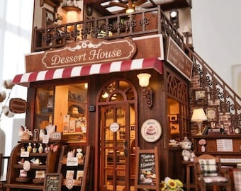 Kit de coin livre maison à desserts miniature bricolage, coin livre livre de café en bois avec lumières LED, puzzle 3D modèle de maison miniature au coin de la rue à deux étages