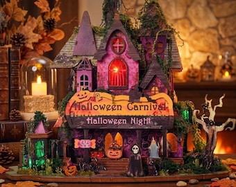 DIY Halloween Miniature House Kit, Light Up Haunted Dollhouse, Pumpkin and Ghost Decor, Gothic Shelf Display, Gift for Crafters