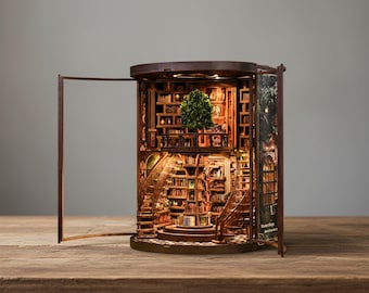 Kit de diorama de biblioteca giratoria de madera con rincón de lectura / Inserto de estantería en miniatura / Regalo creativo con luces LED