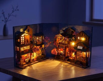 Cherry Blossom Alley Book Nook Kit, Wooden DIY Miniature Town Model, 3D Bookshelf Insert for Ages 15+, Book Lover Gift and Shelf Decor