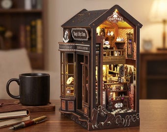 Kit de bricolaje para crear un rincón mágico de lectura y café, soporte para libros de madera 3D ensamblado, modelo en miniatura, regalo de cumpleaños para adolescentes y adultos.