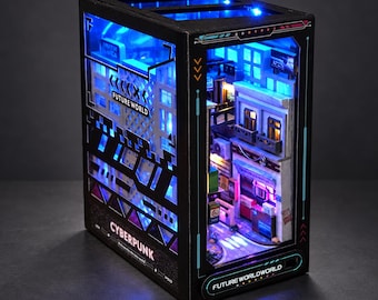 Cyberpunk Book Nook, Futuristic Miniature Bookshelf Insert with Blue Light, Sci Fi City Decor, Gift for Book Lovers