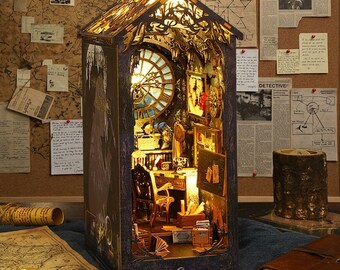 Cabaña de detective en miniatura para armar: casita de madera con rompecabezas 3D, juguete para armar, regalo de cumpleaños.