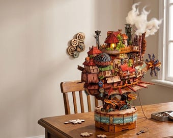 Wooden Fantasy Castle Model Kit, LED Musical Moving Diorama, Advanced DIY Building Set with USB-C Light for Ages 15+ and Shelf Display