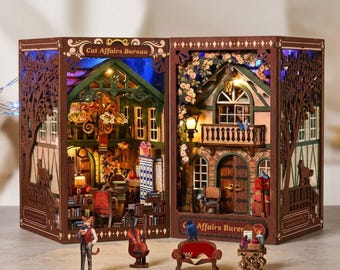 Cat Affairs Bureau Book Nook Kit, DIY Wooden Book Nook with LED Light, Double-Sided Miniature Bookshelf Insert, Cat Lover Gift 3D Model