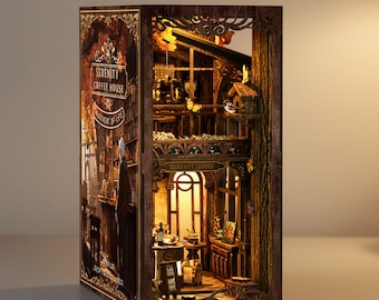 Serenity Coffee House Book Nook | Miniature Wooden Library Decor Kit