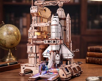 Kit de rompecabezas de madera 3D del transbordador espacial ROKR, modelo de lanzamiento motorizado con LED, regalo STEM para adolescentes y adultos.
