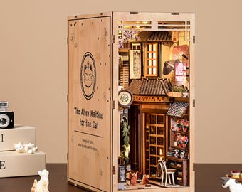 Kit de rincón de lectura DIY con callejón para gatos, diorama de sujetalibros de madera, kit de casa en miniatura con gatos, decoración para estantería, kit de manualidades de regalo.