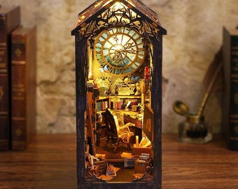 DIY Miniature Book Nook Kit, Vintage Clock Library Diorama, Lighted Bookshelf Insert, Mini Study Room Decor, Book Lover Gift
