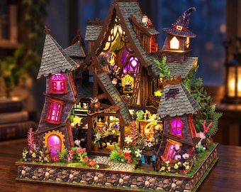 Witch Castle 3D Wooden Puzzle Kit, DIY Haunted House Book Nook, LED Miniature Dollhouse Decor