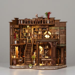 Fantasie Bibliothek DIY Buch Nook Kit, Miniatur Holz Puppenhaus, 3D Puzzle Bücherregal Einsatz, Verträumte Buch Raum Diorama, kreatives Geschenk