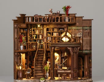 Fantasybibliotek DIY-bokskrokset, miniatyrdockhus i trä, 3D-pussel, bokhyllinsats, drömlikt bokrumsdiorama, kreativ present
