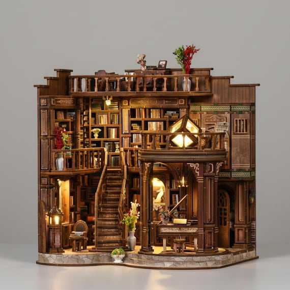Fantasy Library DIY Book Nook Kit, Miniature Wooden Dollhouse, 3D Puzzle Bookshelf Insert, Dreamy Book Room Diorama, Creative Gift