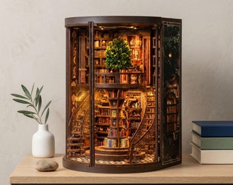 Miniature Library Diorama, Wooden Bookshelf Scene, Cozy Reading Room Decor, Book Lover Gift