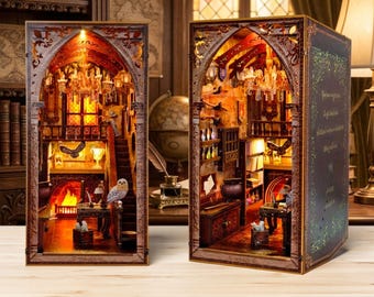 DIY Magic Academy Book Nook Kit – Light-Up Wizard Library Diorama, Fantasy Bookshelf Decor