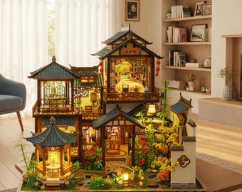 Kit de rincón de lectura japonés DIY, casa miniatura con LED, escena de cerezos en flor, inserto de estante de rompecabezas de madera 3D, regalo