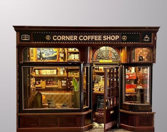 DIY Miniature Coffee Shop Kit, Book Nook Dollhouse Model, Lighted Cafe Building Set, Craft Project, Shelf Decor Gift for Adults